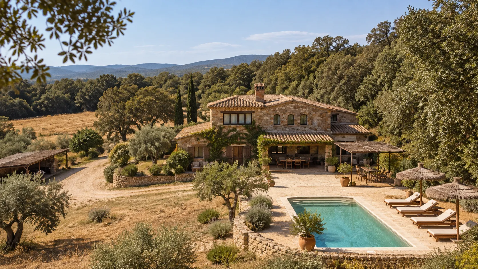 Masía de piedra con piscina entre olivos y bosque en el Empordà
