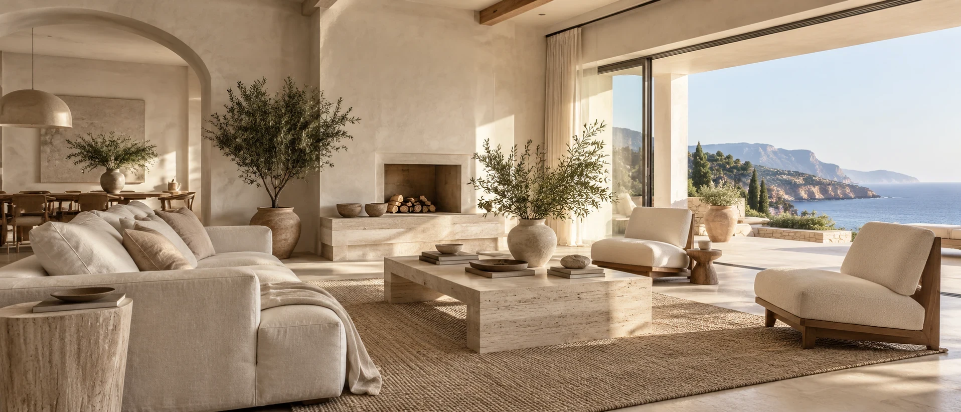 Salón luminoso con interiorismo mediterráneo y vistas al mar