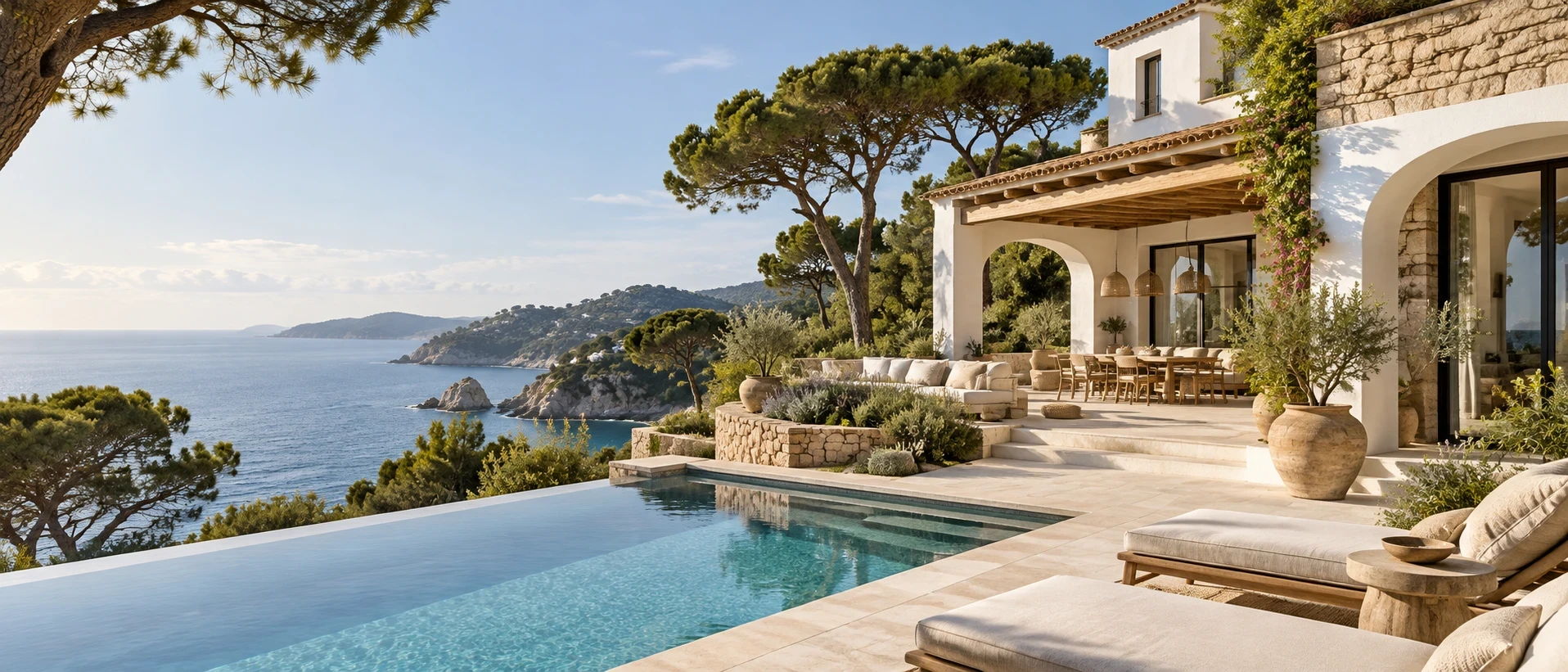 Villa mediterránea con piscina desbordante frente al mar en la Costa Brava